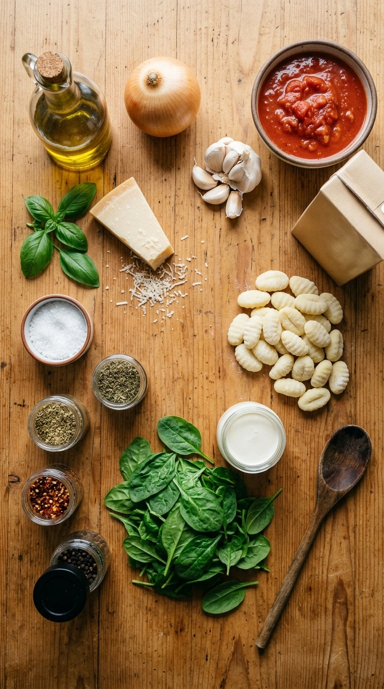 Ingredients for creamy savory tomato gnocchi soup