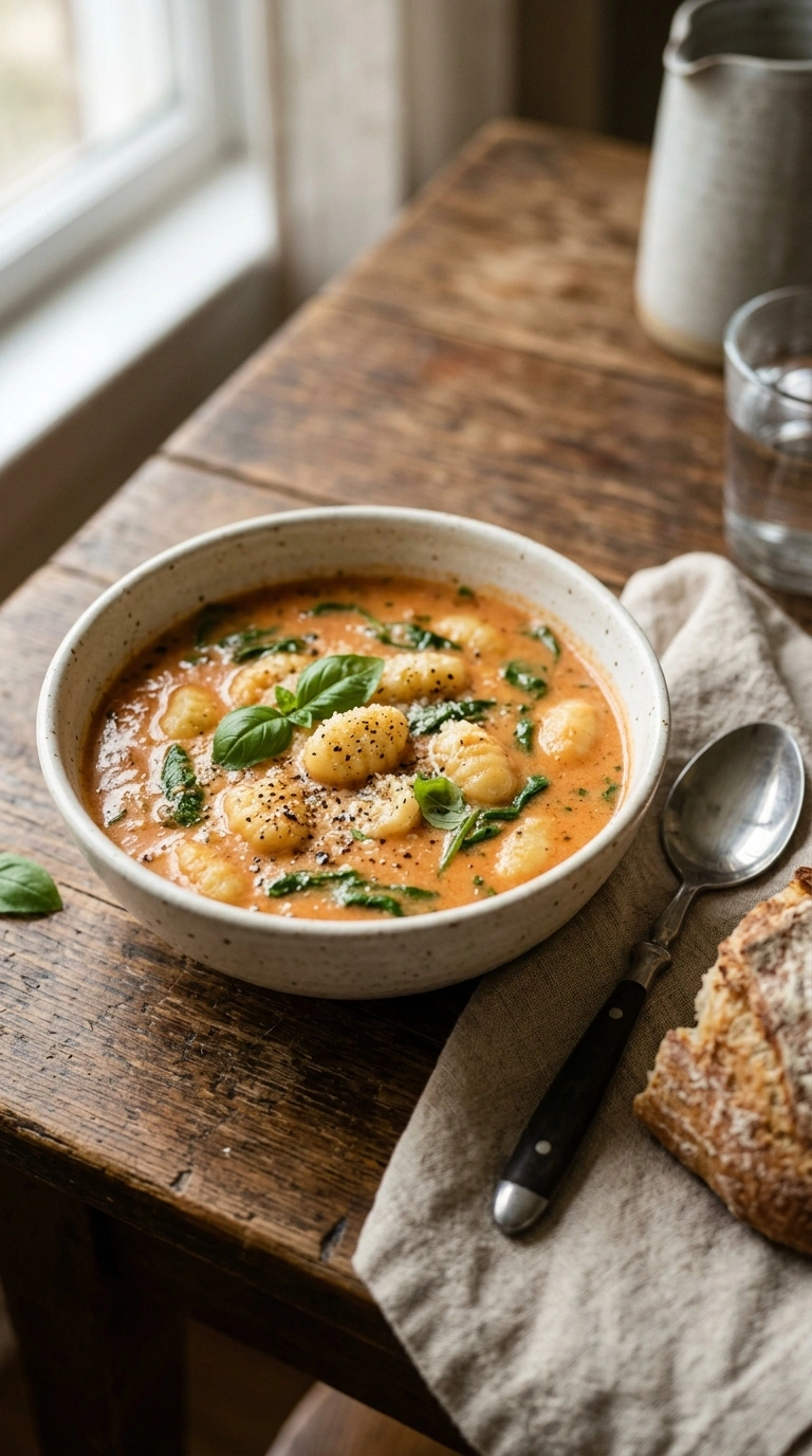 creamy savory tomato gnocchi soup ready to serve