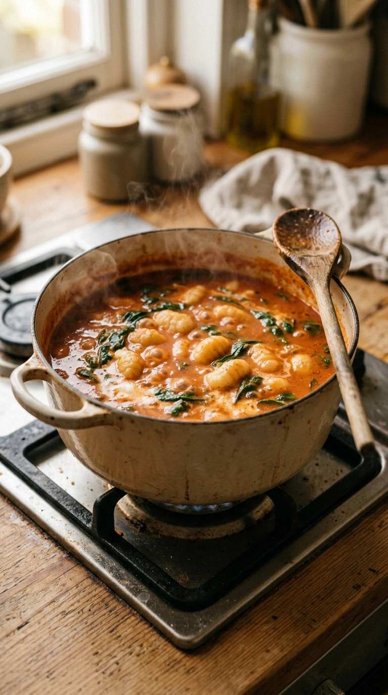 Cooking instructions for creamy savory tomato gnocchi soup