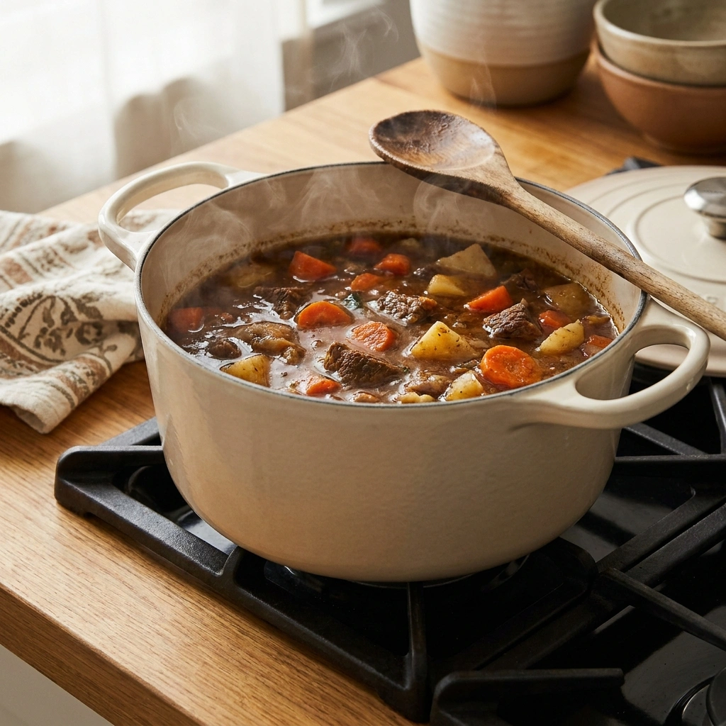Cooking instructions for hearty savory beef vegetable soup