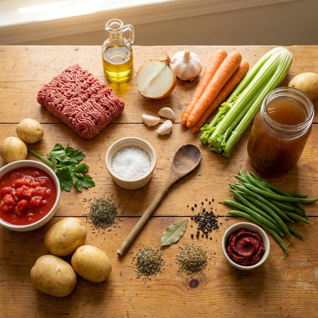 Ingredients for hearty savory beef vegetable soup