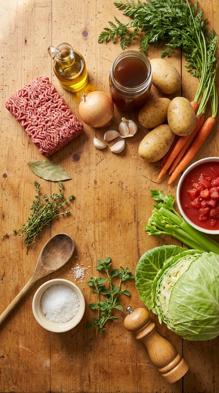 Ingredients for hearty savory hamburger soup