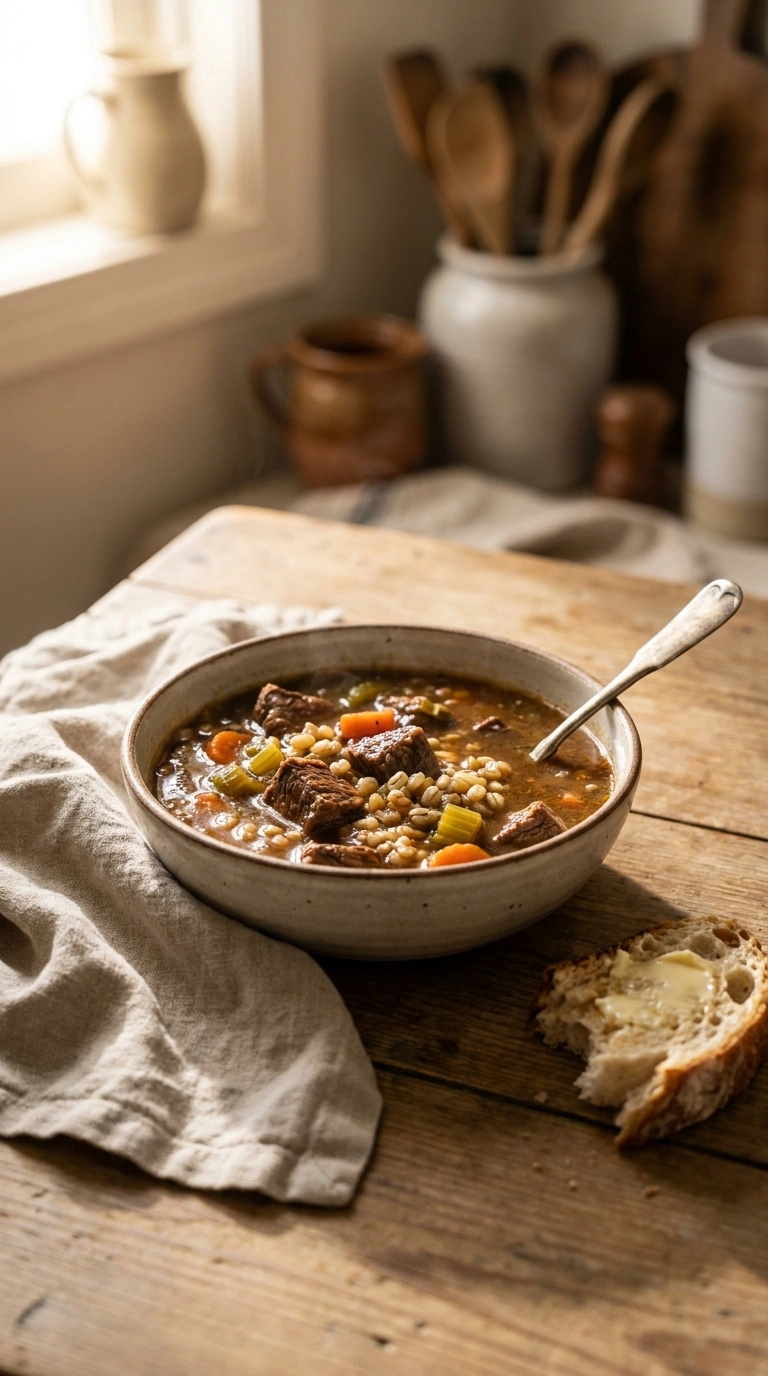 hearty savory beef barley soup ready to serve