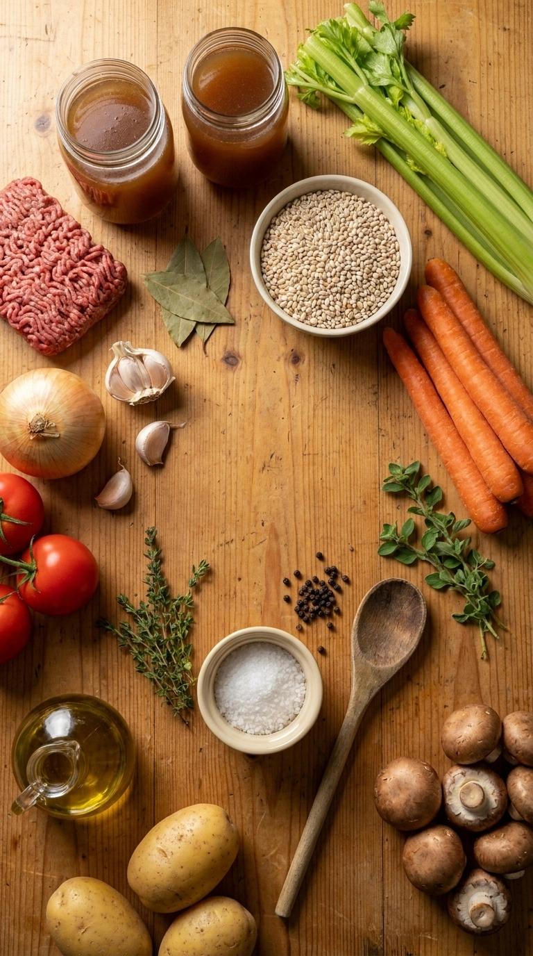 Ingredients for hearty savory beef barley soup