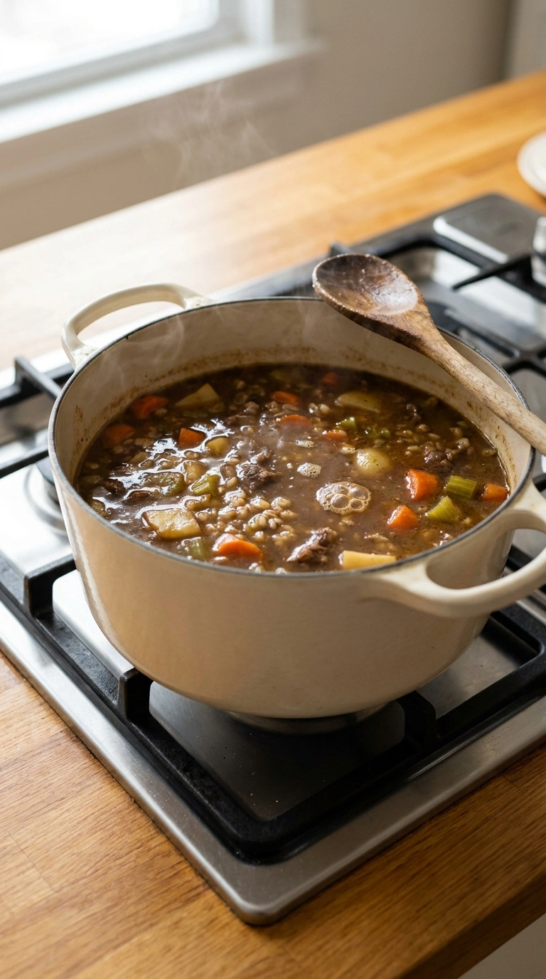 Cooking instructions for hearty savory beef barley soup