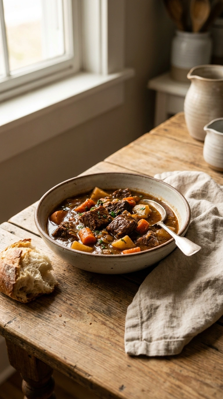 hearty savory beef stew ready to serve
