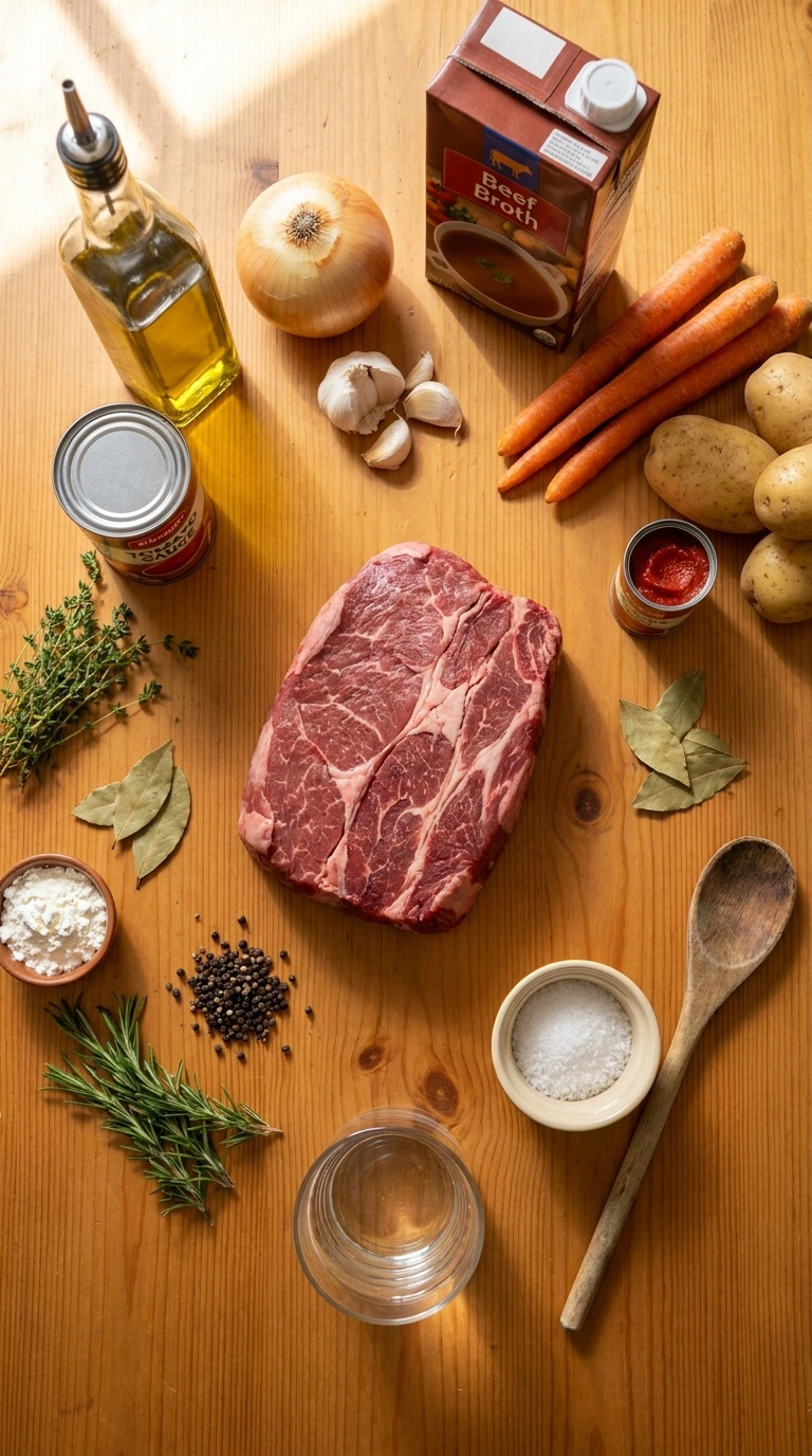 Ingredients for hearty savory beef stew