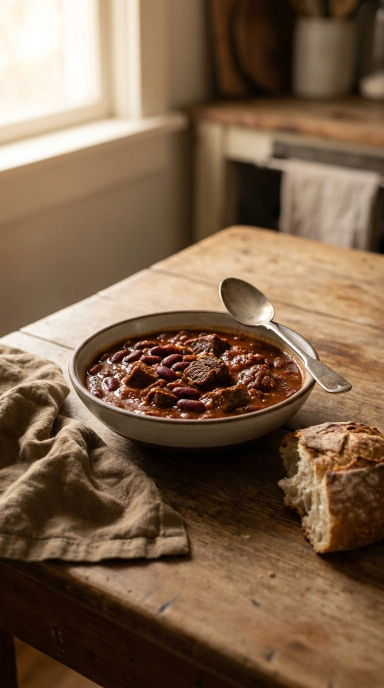 hearty savory beef chili ready to serve