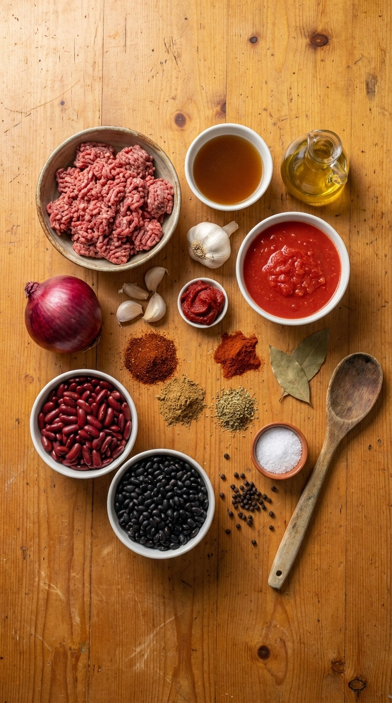 Ingredients for hearty savory beef chili