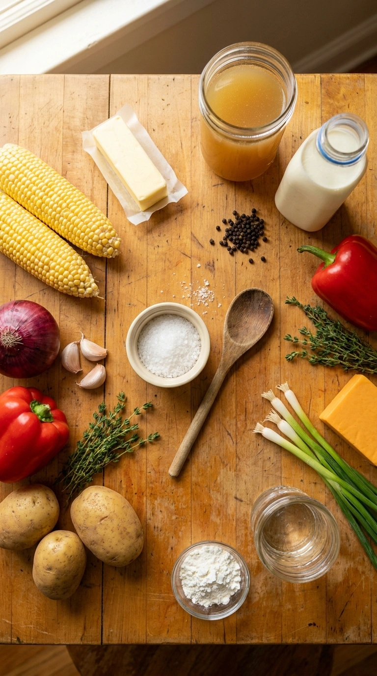 Ingredients for creamy comforting corn chowder