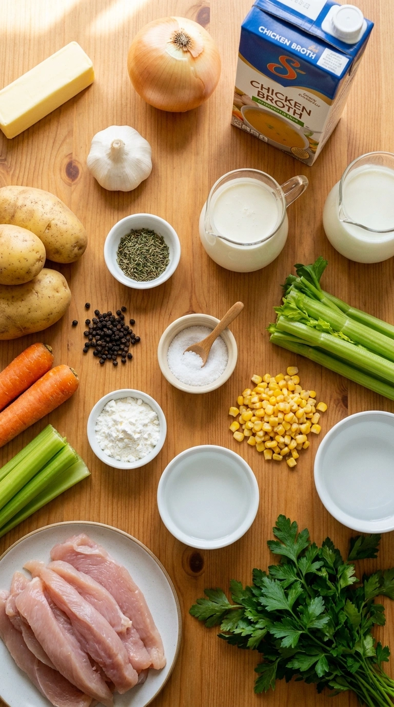 Ingredients for creamy comforting potato chowder