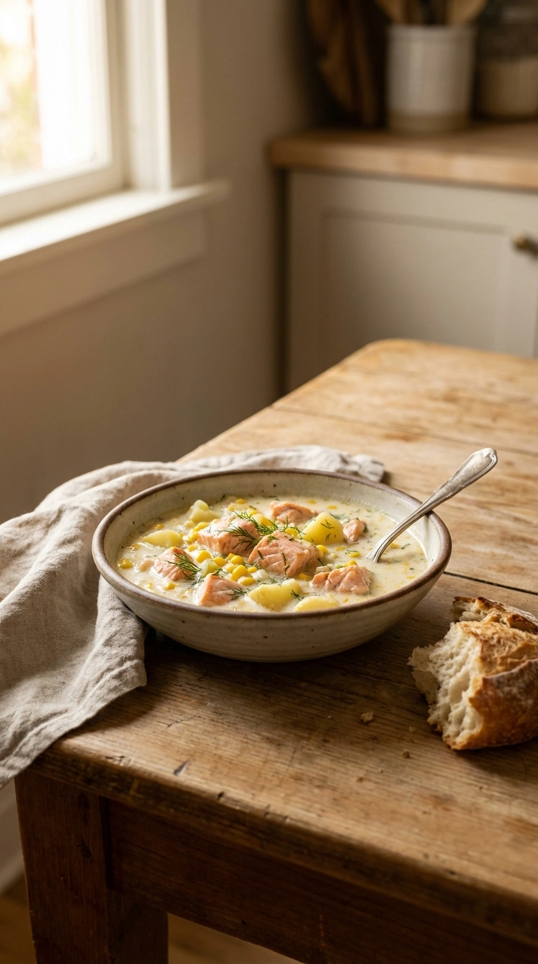 creamy comforting salmon chowder ready to serve