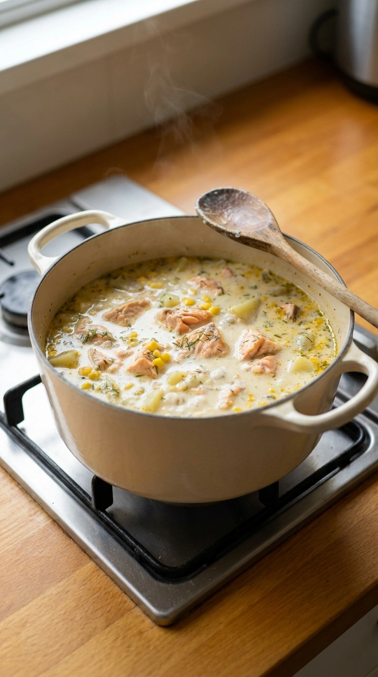 Cooking instructions for creamy comforting salmon chowder