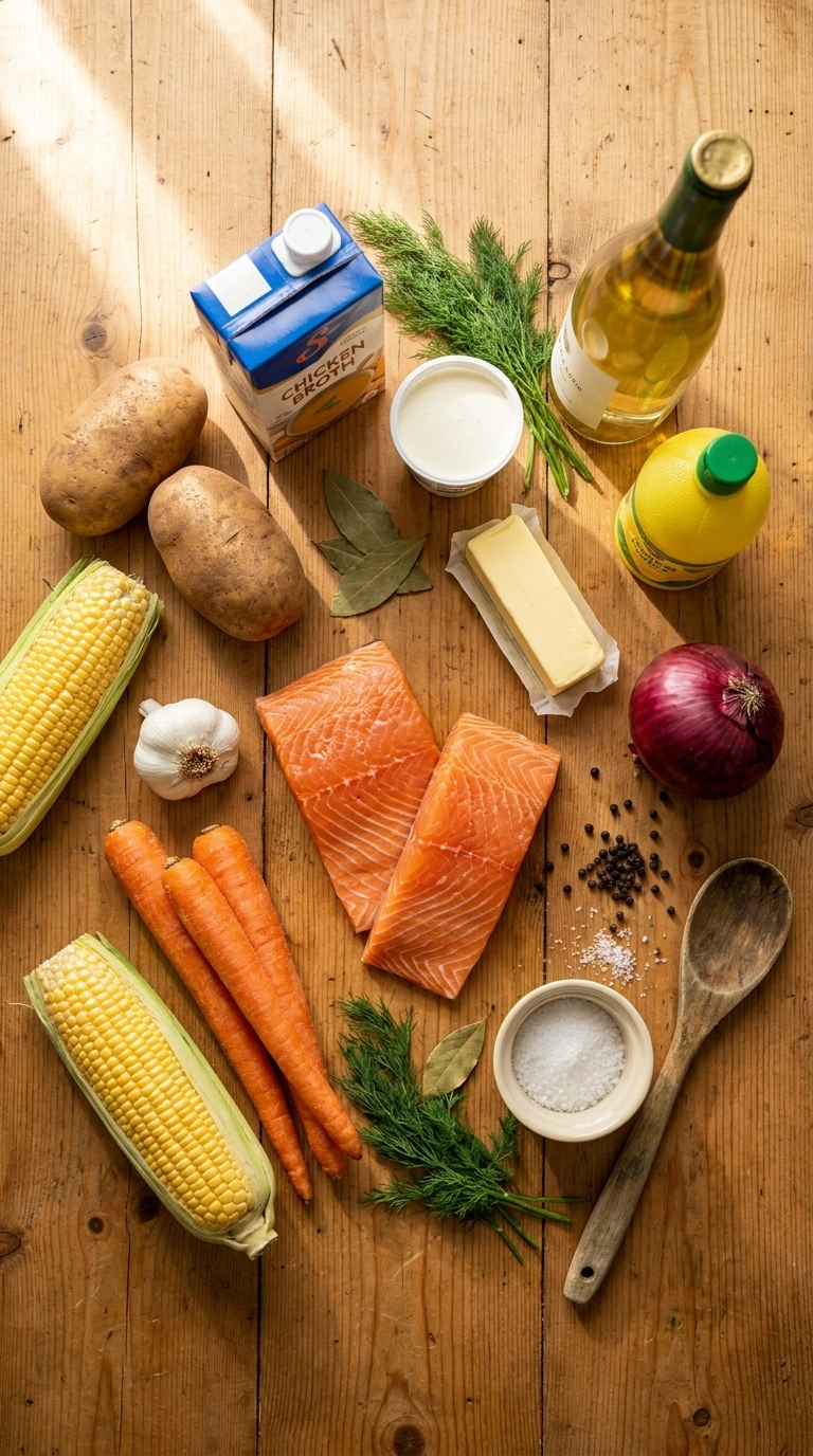 Ingredients for creamy comforting salmon chowder