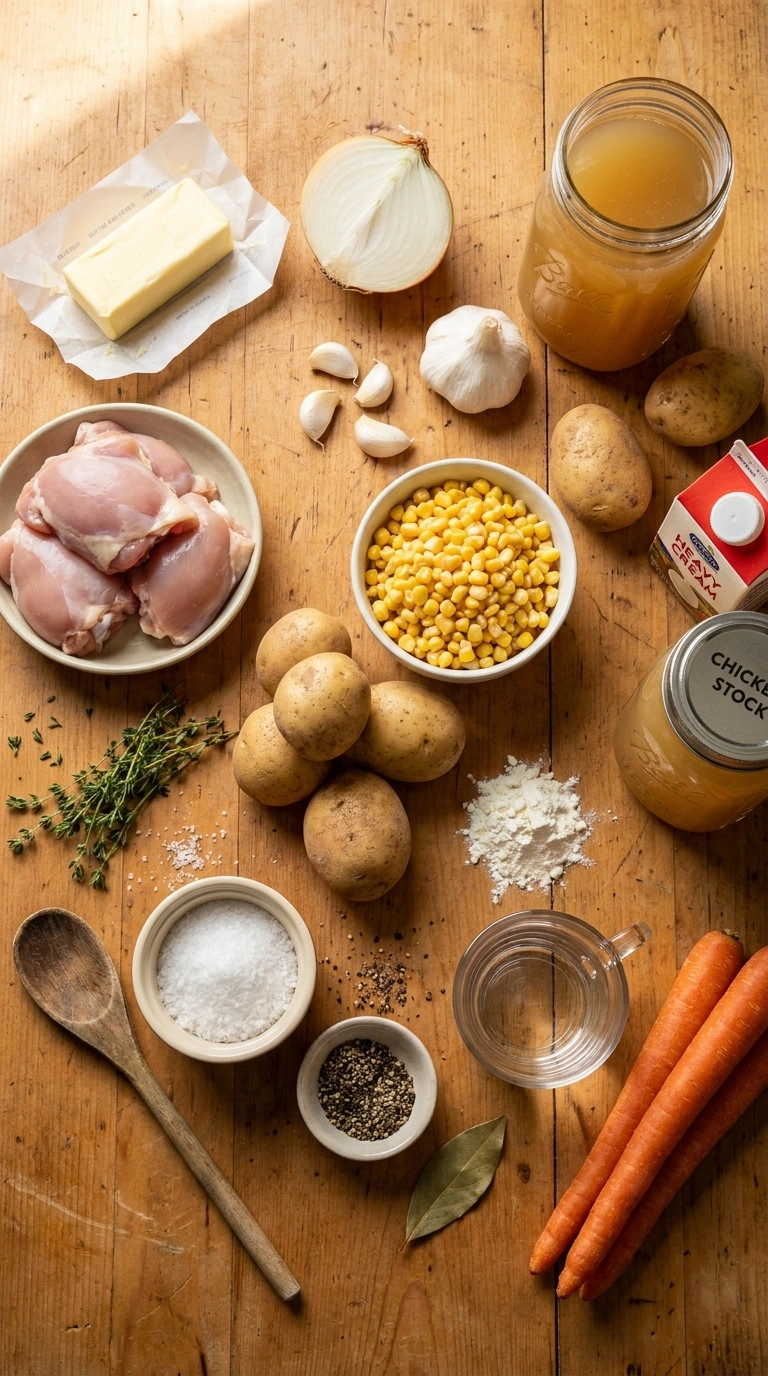 Ingredients for creamy comforting chicken corn chowder