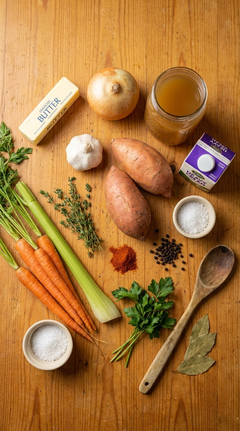 Ingredients for creamy comforting sweet potato chowder