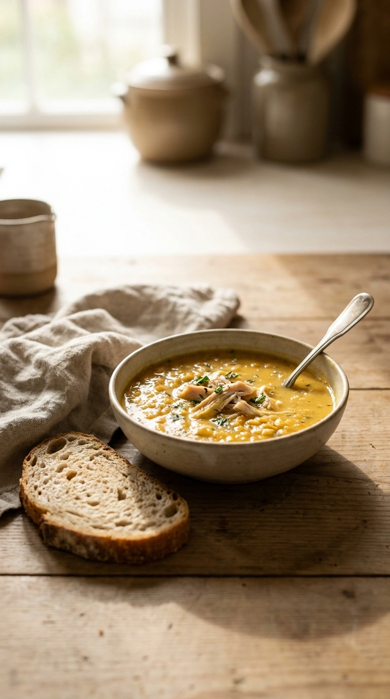 creamy hearty chicken lentil soup ready to serve