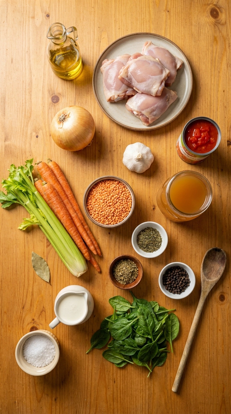 Ingredients for creamy hearty chicken lentil soup