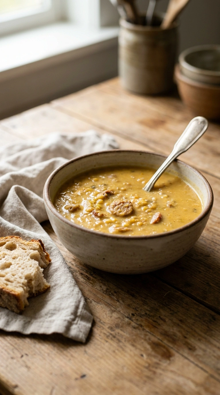 creamy hearty lentil sausage soup ready to serve