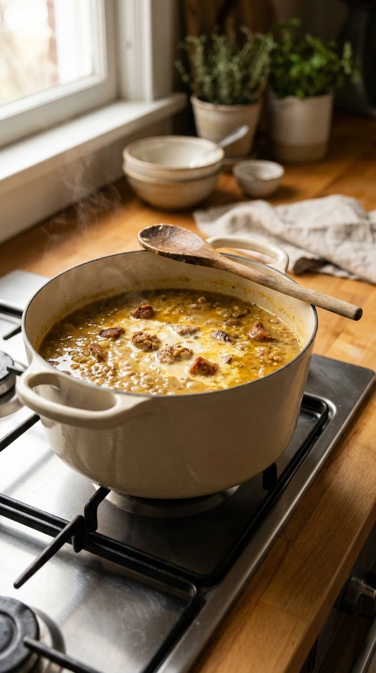 Cooking instructions for creamy hearty lentil sausage soup