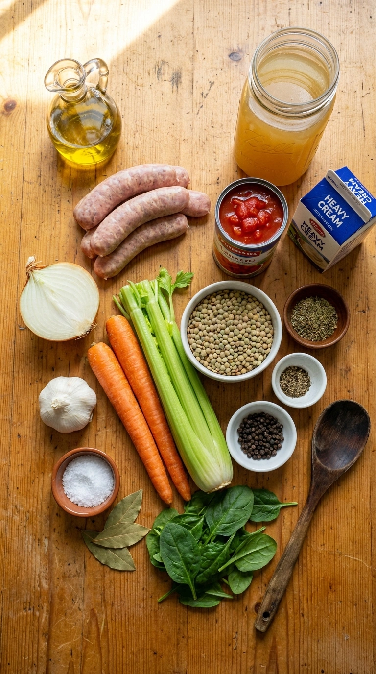 Ingredients for creamy hearty lentil sausage soup