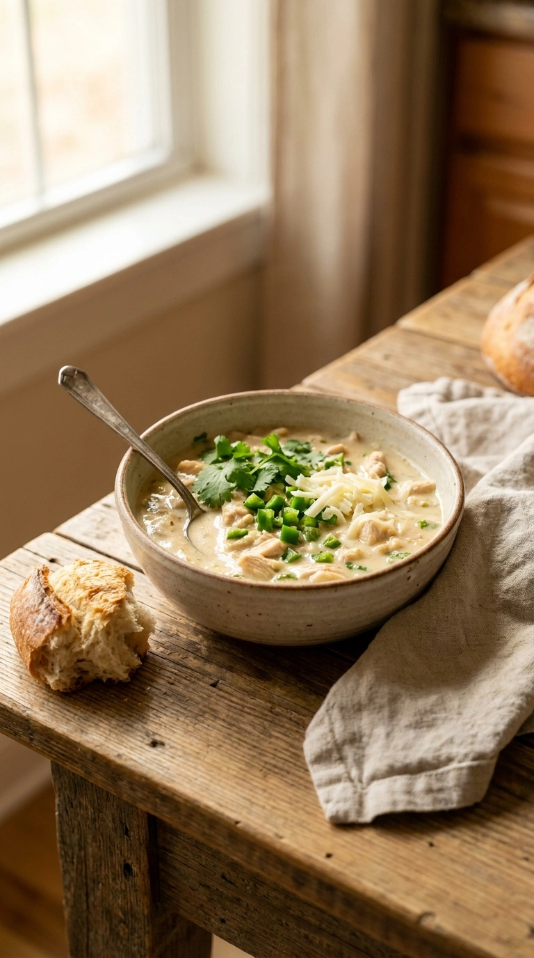 creamy hearty white bean chicken chili ready to serve