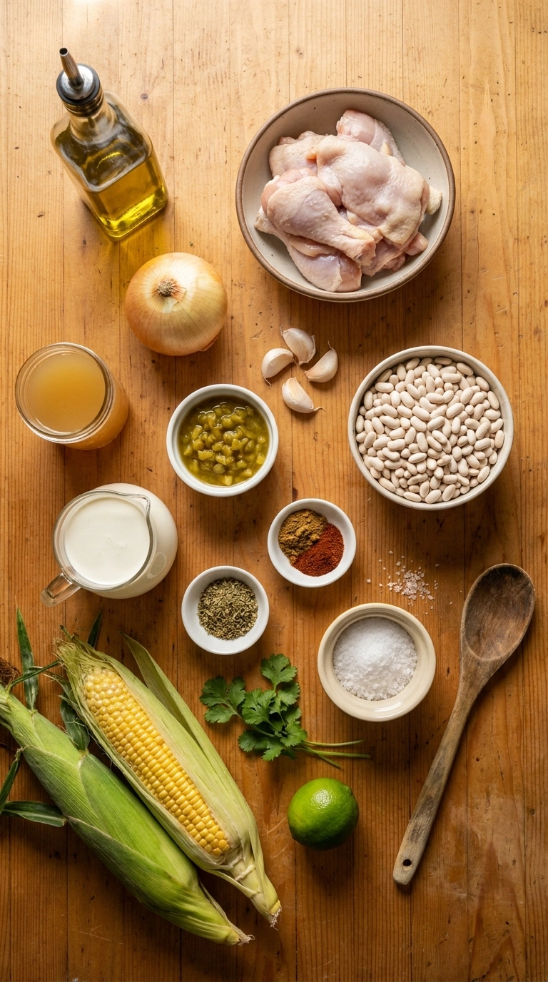 Ingredients for creamy hearty white bean chicken chili