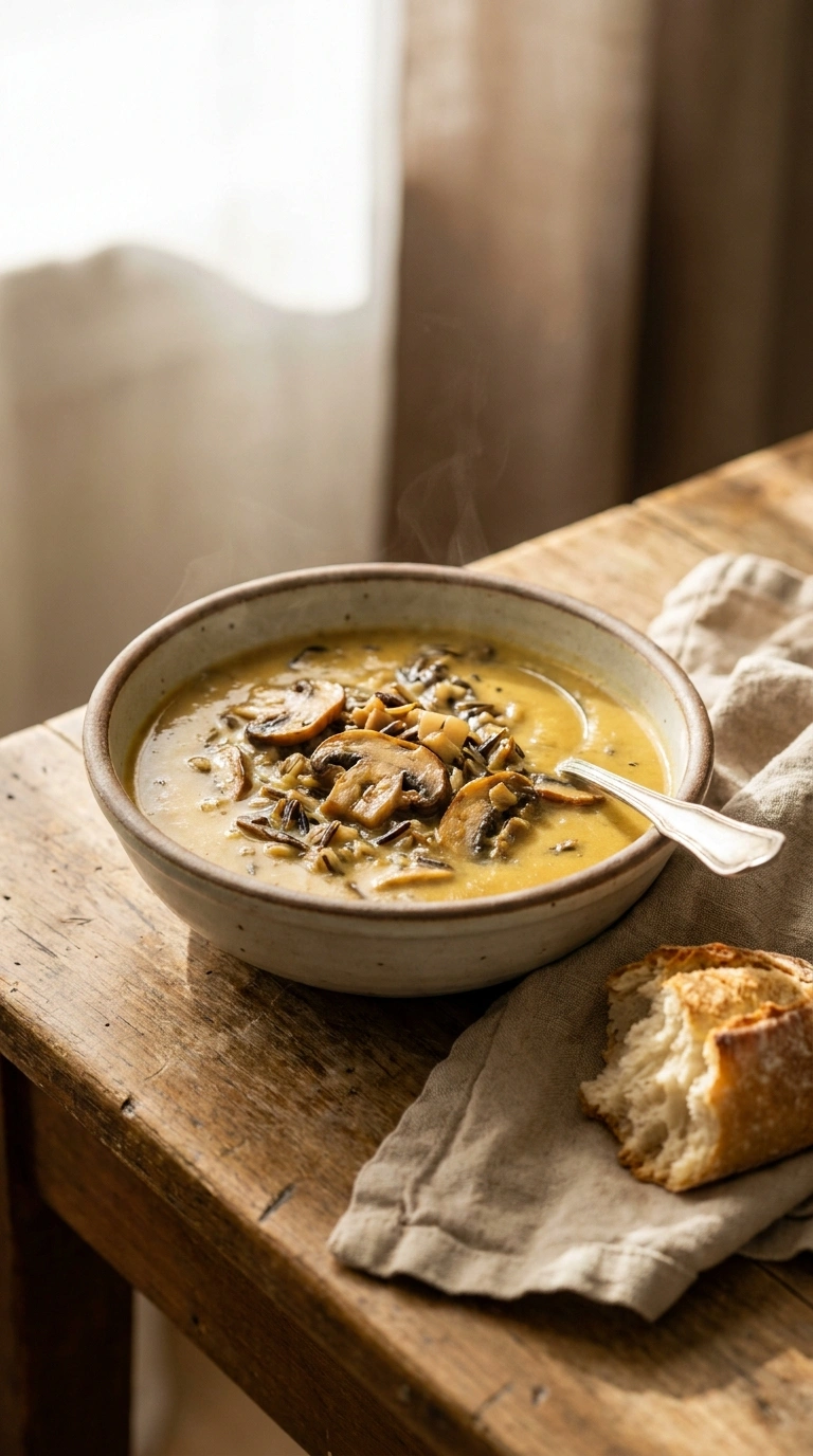 creamy hearty wild rice mushroom soup ready to serve
