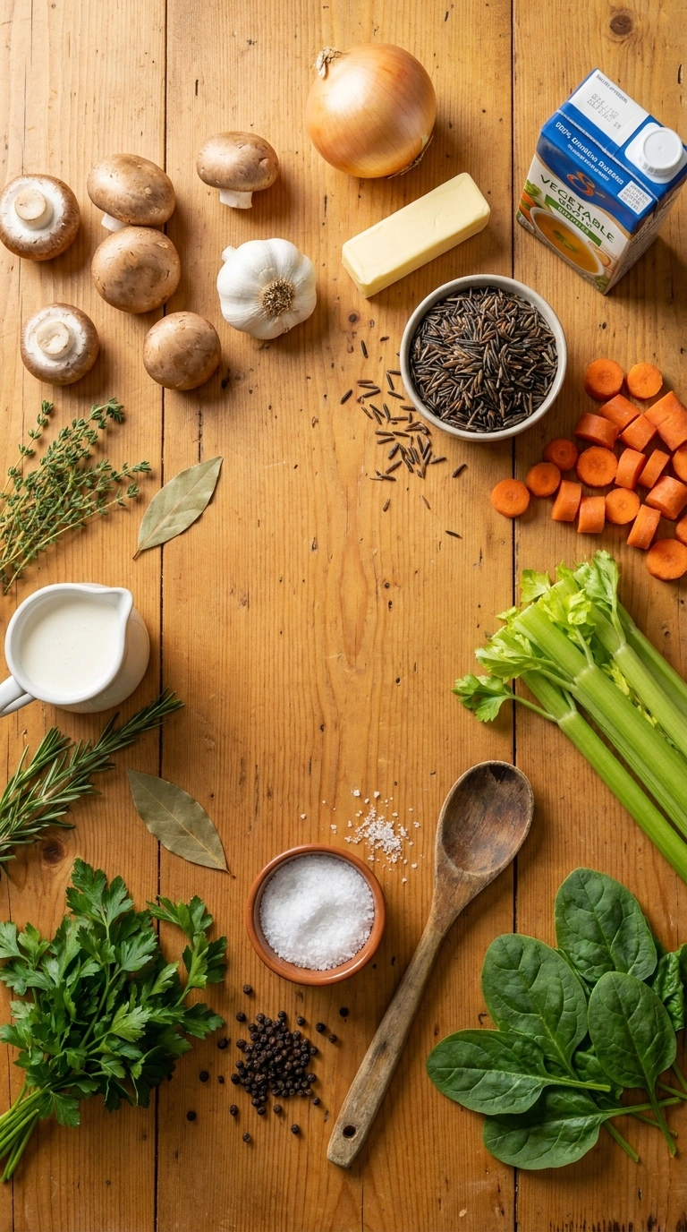 Ingredients for creamy hearty wild rice mushroom soup