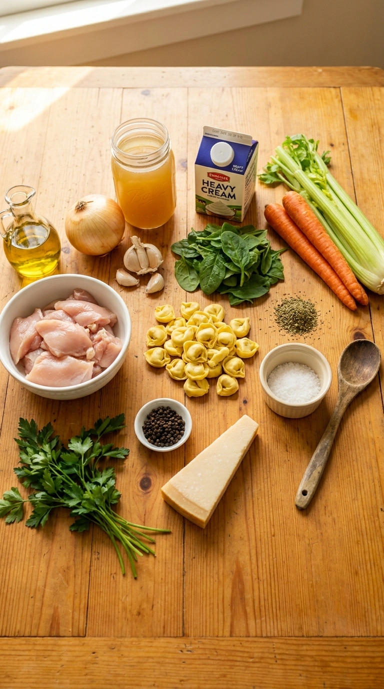 Ingredients for creamy hearty chicken tortellini soup