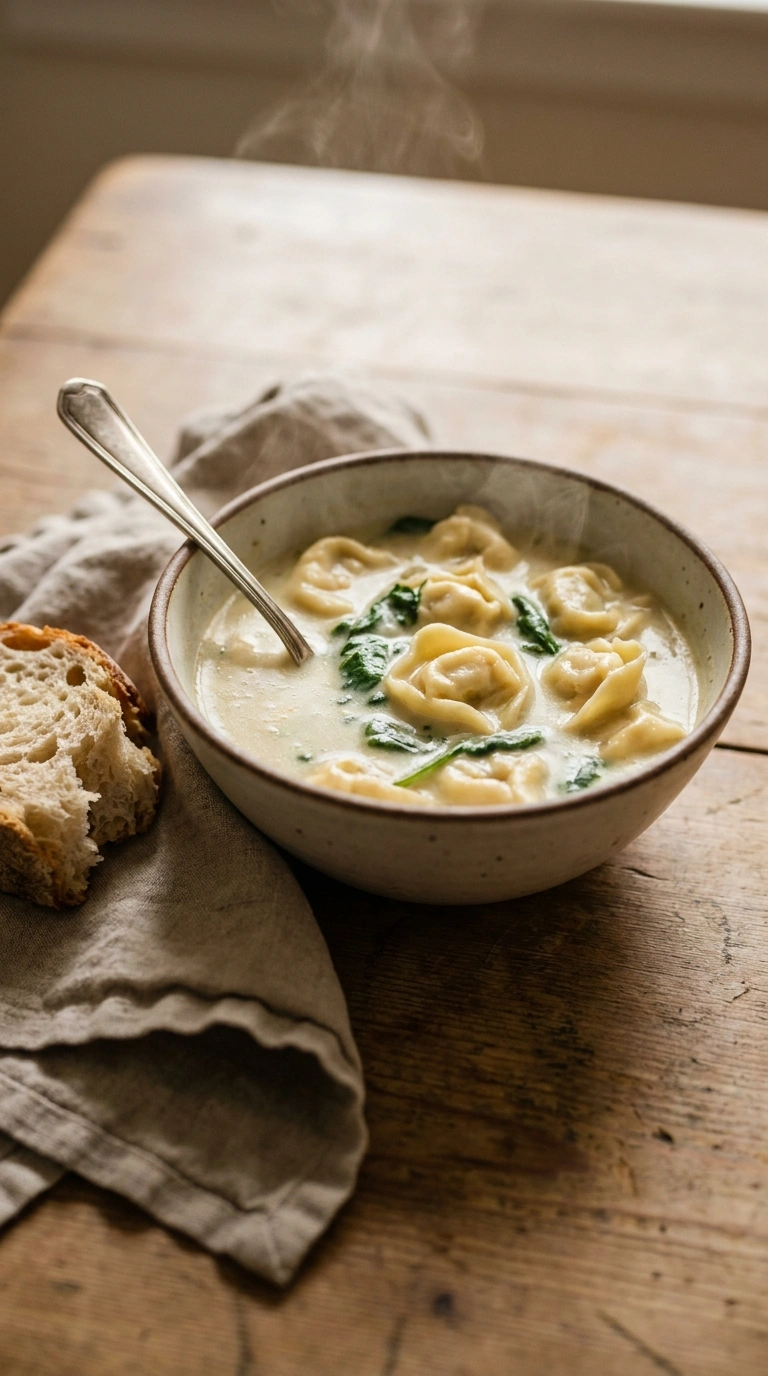 creamy hearty chicken tortellini soup ready to serve
