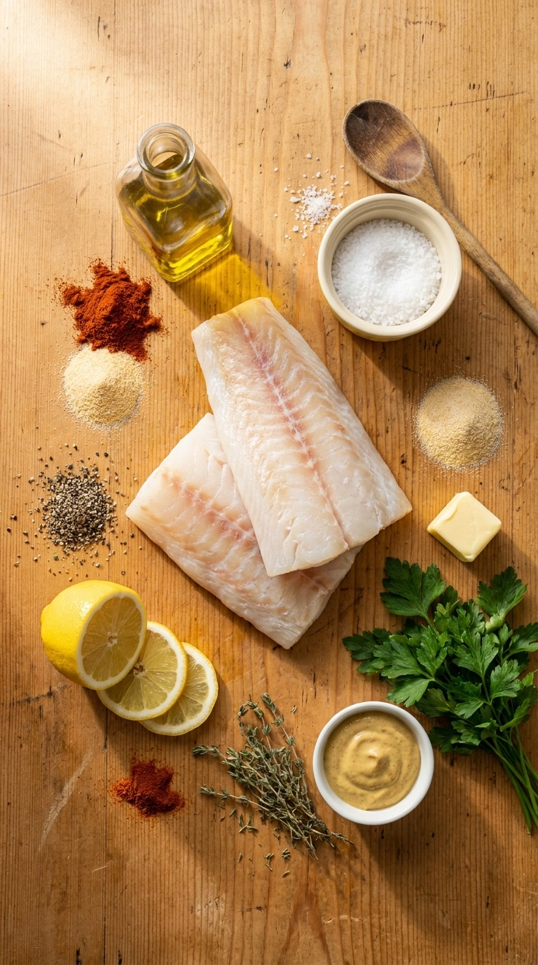 Ingredients for flaky smoky grilled cod
