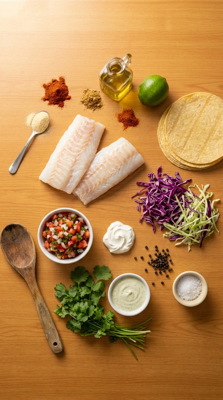 Ingredients for flaky smoky grilled cod tacos