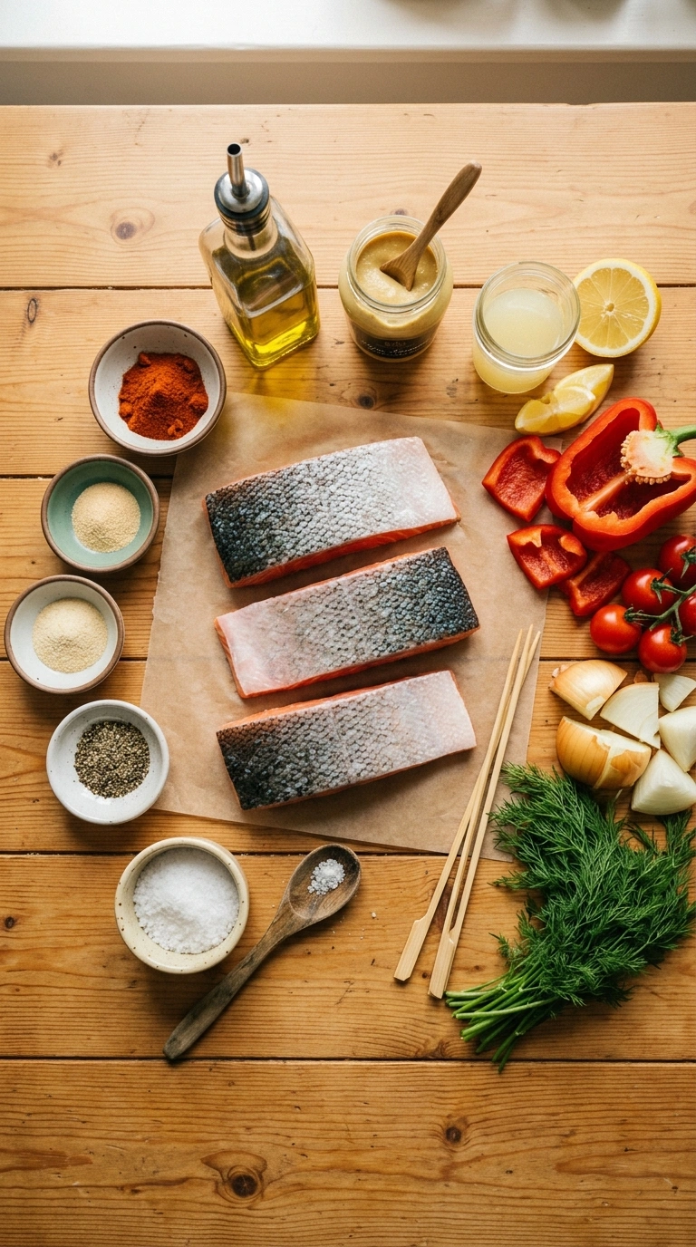 Ingredients for smoky tender grilled salmon skewers