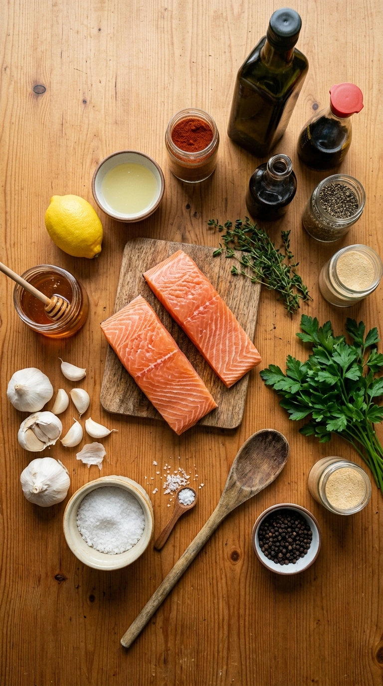 Ingredients for smoky tender grilled salmon honey garlic