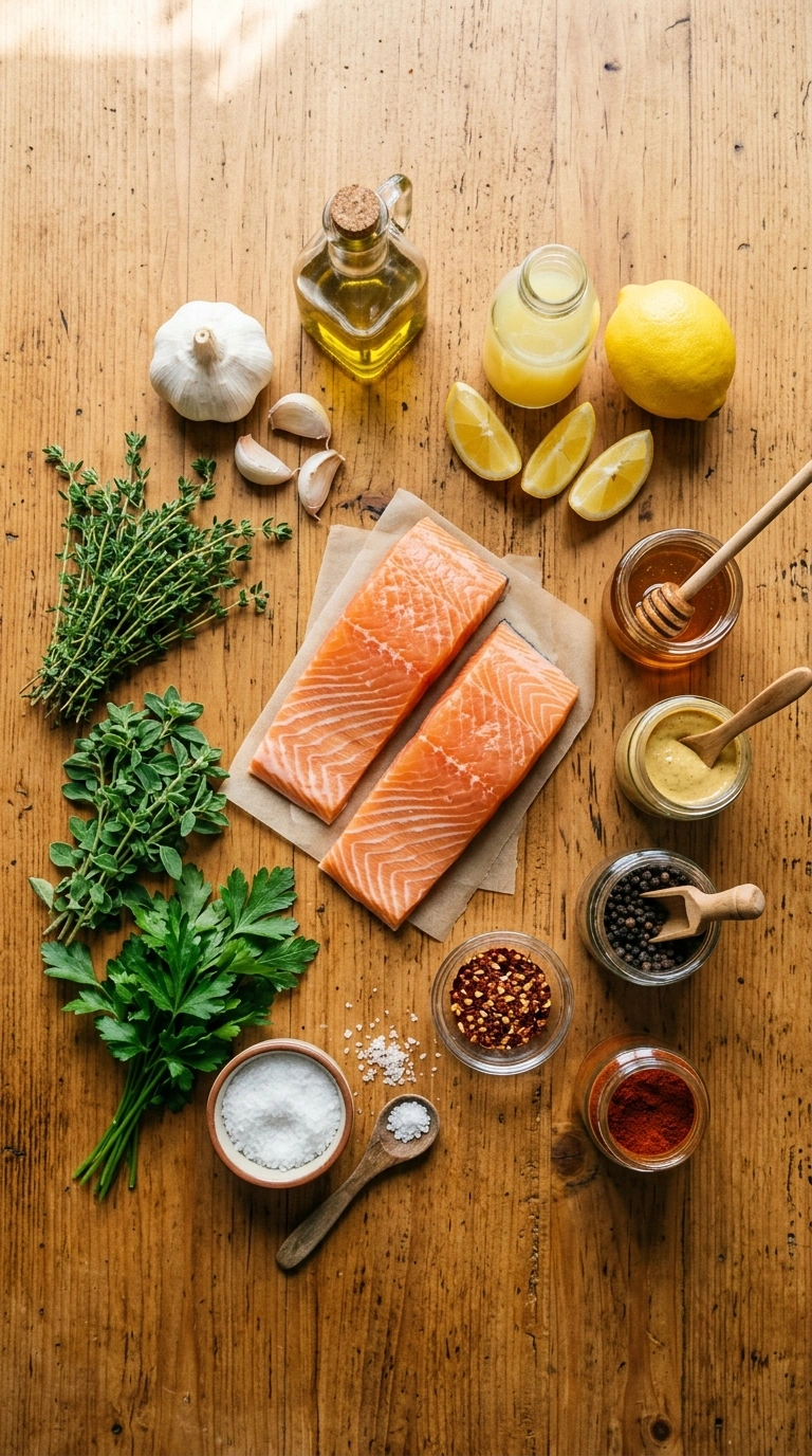 Ingredients for smoky tender grilled salmon lemon herb