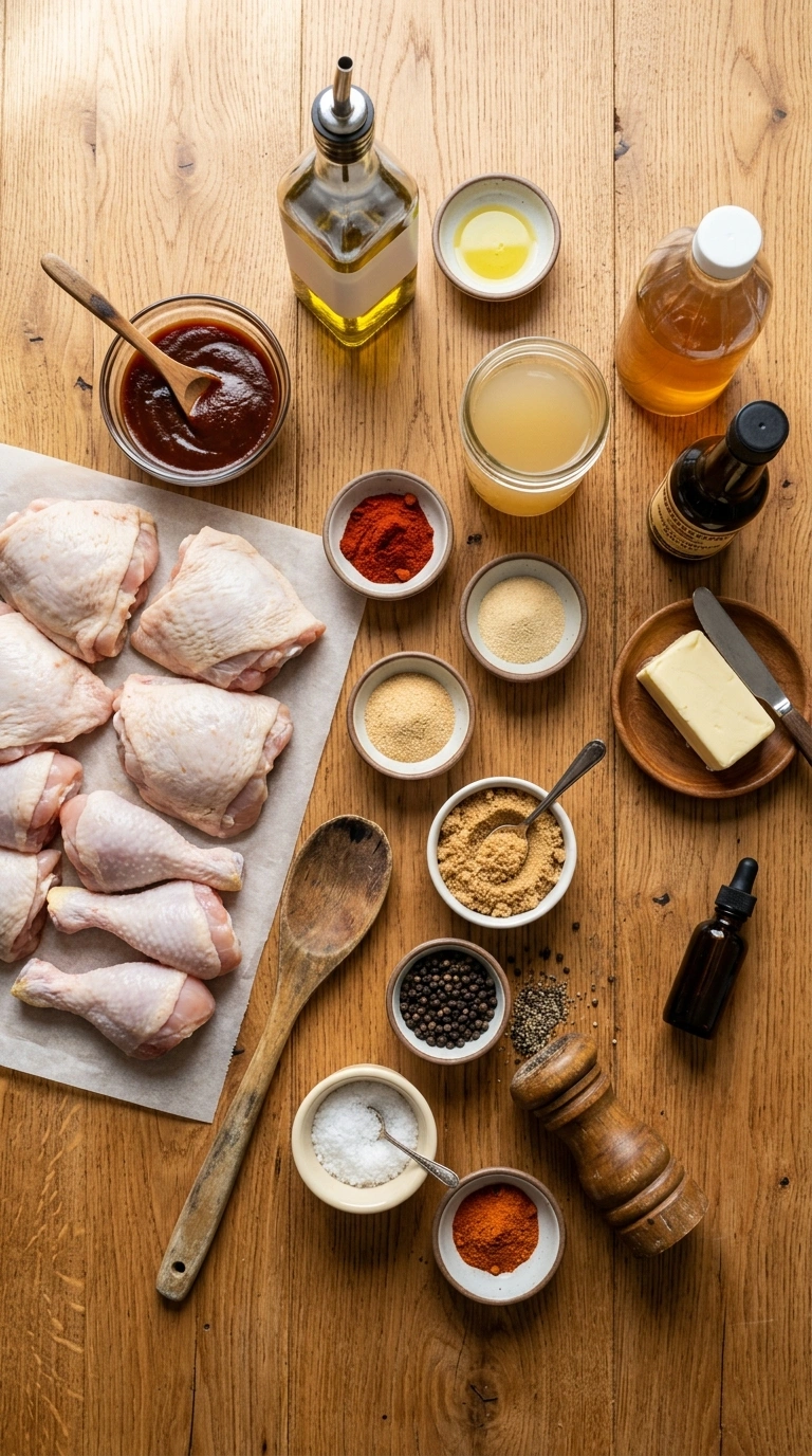 Ingredients for juicy smoky tailgate grilled bbq chicken