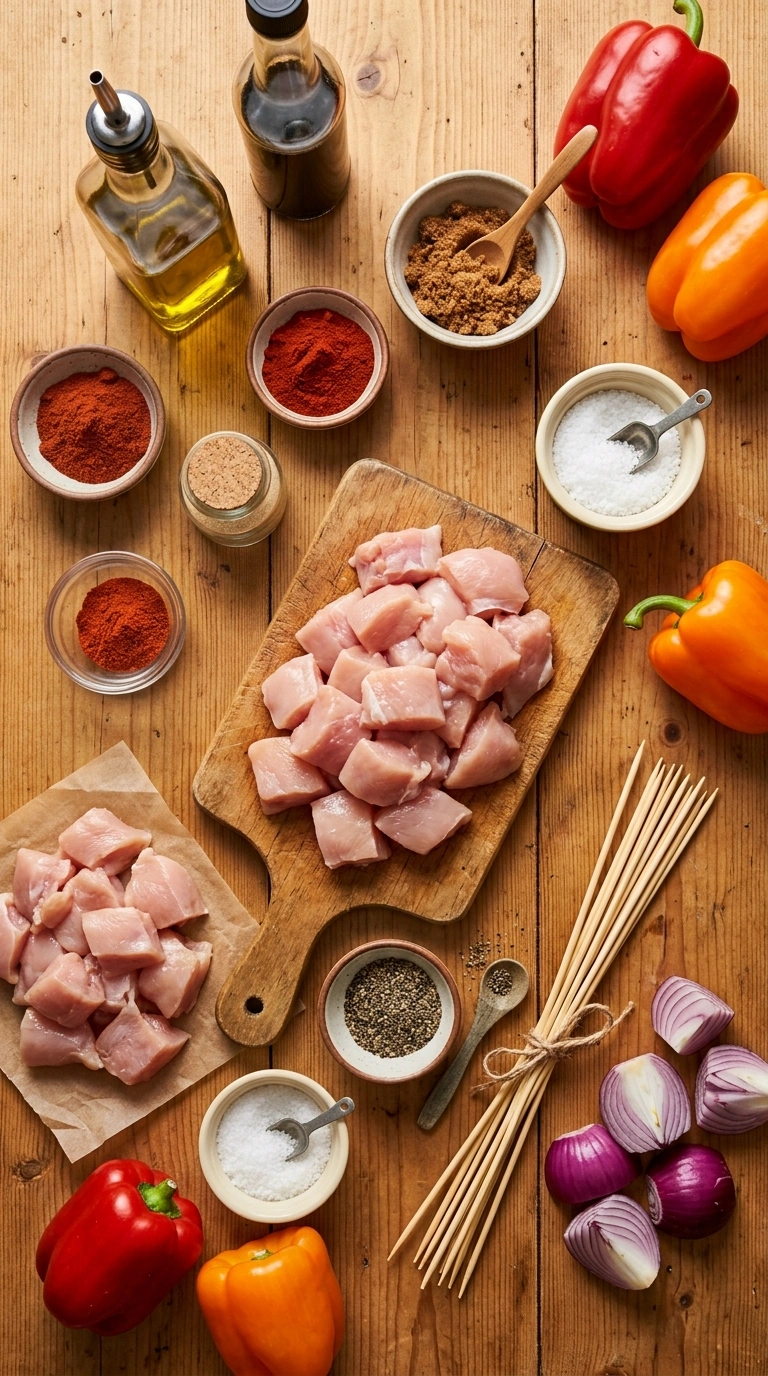 Ingredients for juicy smoky tailgate grilled chicken skewers