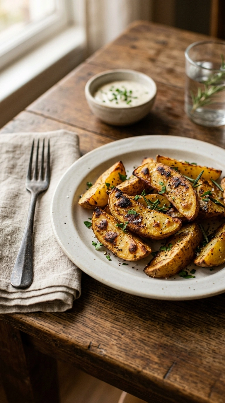 charred smoky labor day grilled potato wedges ready to serve